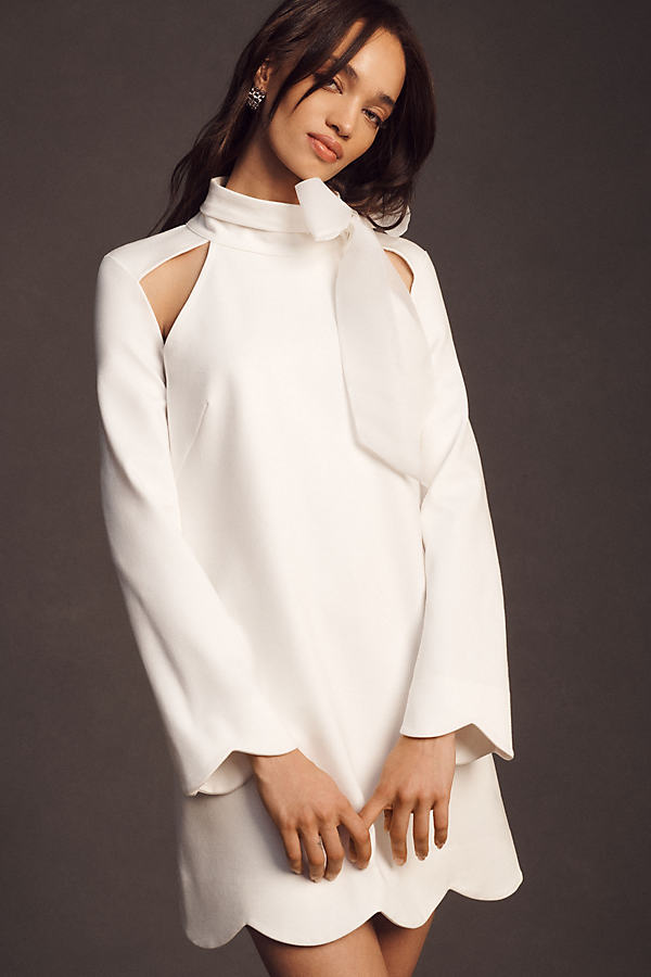 Bhldn Kaia Long-sleeve Cutout Tie-neck Mini Dress In White