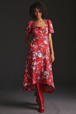 Maeve Floral Puff-Sleeve Midi Dress | Anthropologie