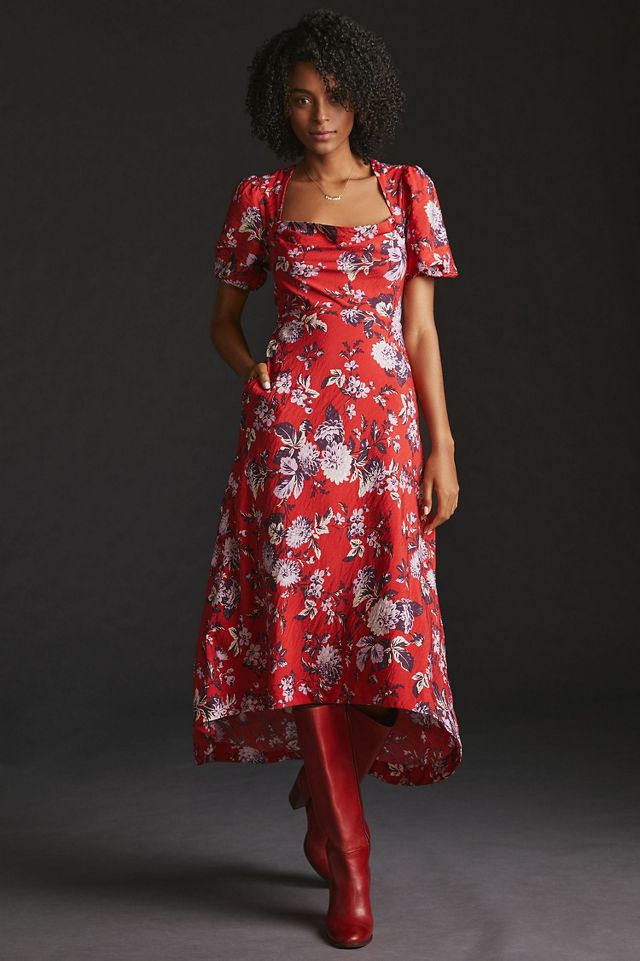 Maeve Floral Puff Sleeve Midi Dress Anthropologie