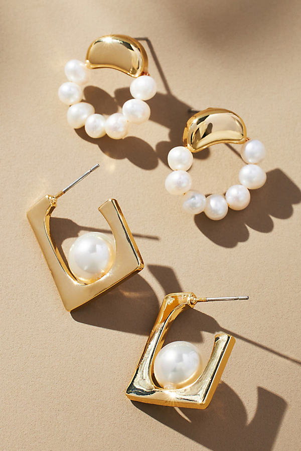 Gold-Plated Pearl Hoop Earrings, Set of 2