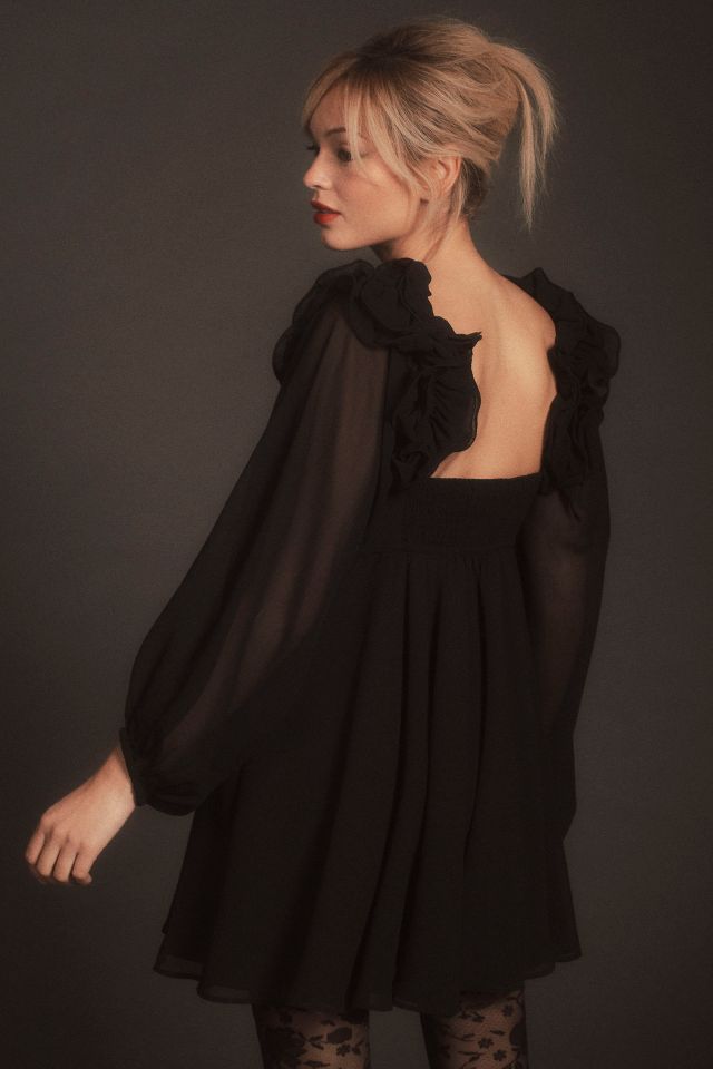 BHLDN Brigitta Long-Sleeve Sweetheart Chiffon Mini Dress