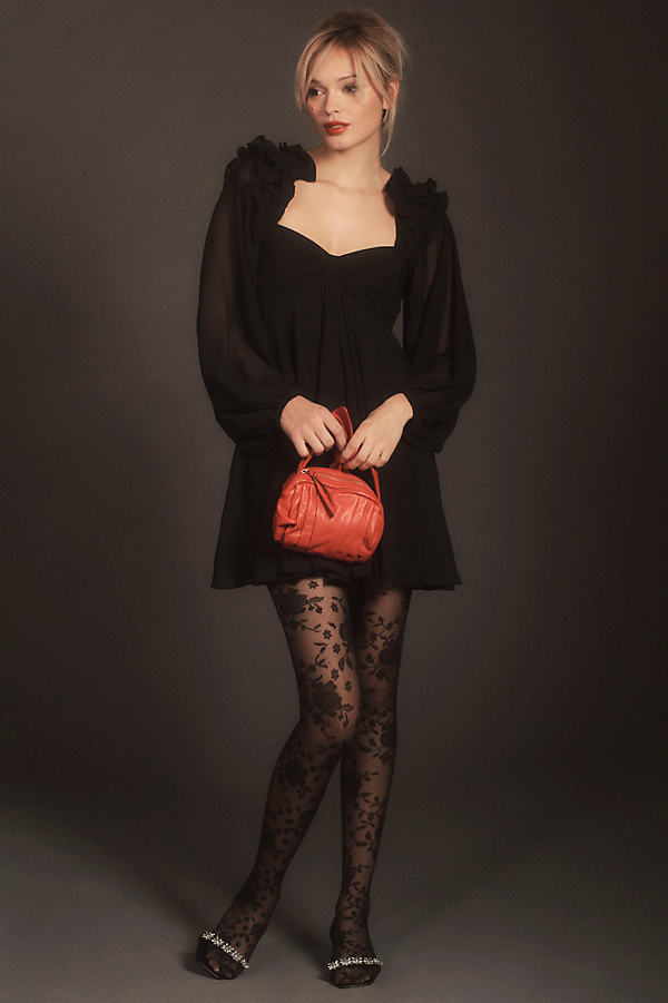 Bhldn Brigitta Long-sleeve Sweetheart Chiffon Mini Dress In Black