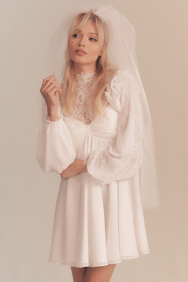Bhldn Brigitta Long-sleeve Sweetheart Chiffon Mini Dress In White