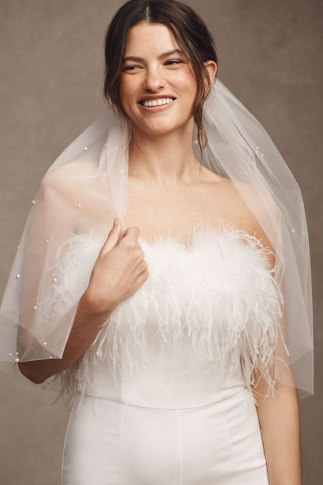 Twigs & Honey Short Bridal Tulle Veil with Beads and A Blusher - Sequin and Bead Embroidered Short Veil with Blusher - Style #2362