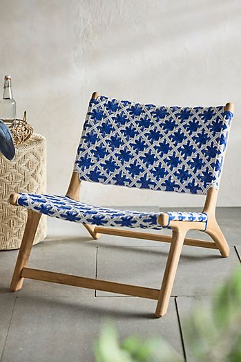 Havana Wicker + Teak Armless Chair, Blue + White