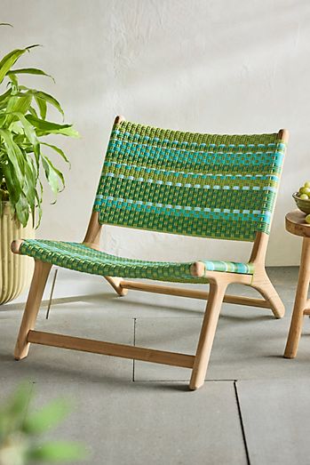 Havana Wicker + Teak Armless Chair, Green Stripe