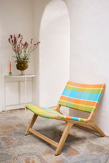 Havana Wicker + Teak Armless Chair, Colorful Plaid