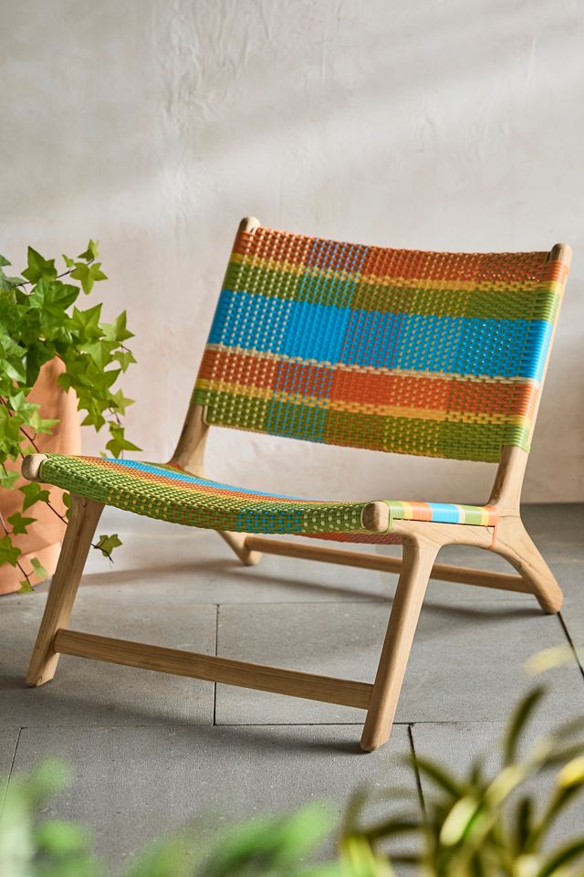 Havana Wicker + Teak Armless Chair, Colorful Plaid #1