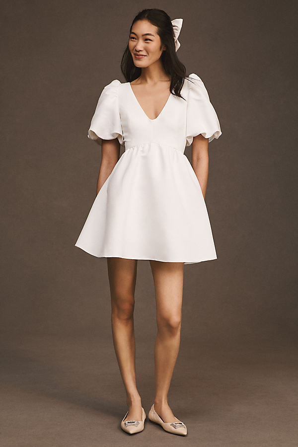 Sachin & Babi Beverly Puff-sleeve Deep-v Mini Dress In White