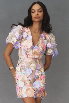 Elliatt Anthea Short-Sleeve V-Neck Floral Appliqué Mini Dress | The Summit  at Fritz Farm