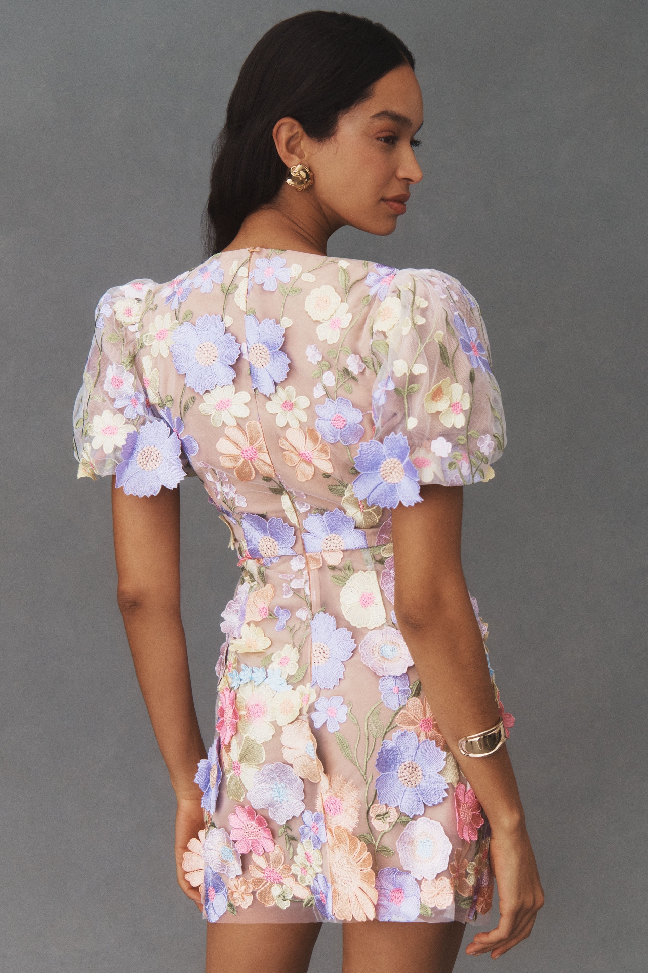 Elliatt Anthea Short-Sleeve V-Neck Floral Appliqué Mini Dress