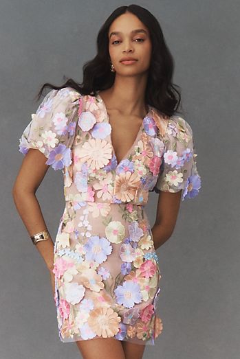 Elliatt Anthea Short-Sleeve V-Neck Floral Appliqué Mini Dress