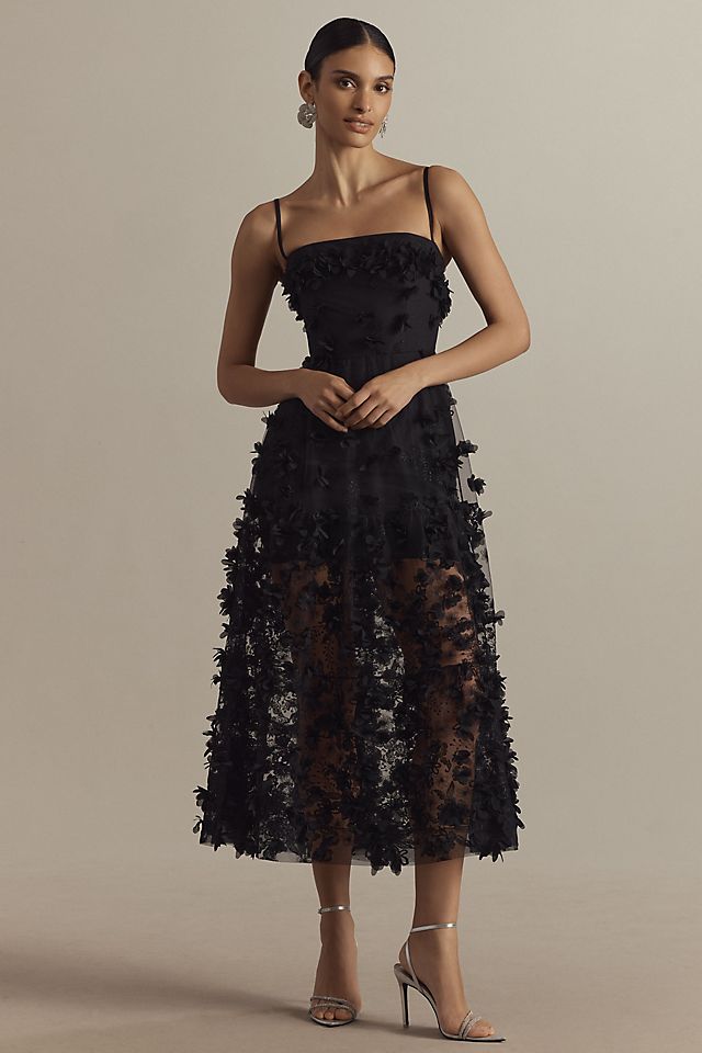 black floral applique dress Mesh Bustier Midi | Womens | Large (Available in M) | 100% Polyester | Lulus Bodice has a sweetheart neckline with seamed cups and a high Reyna - Black Floral Applique