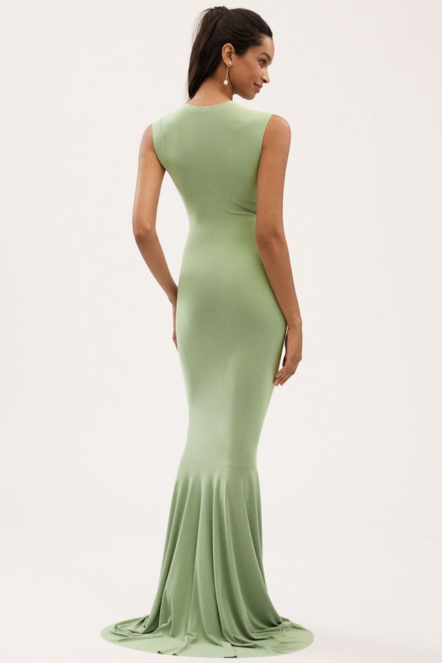 Norma Kamali Sleeveless Deep V-Neck Shirred Stretch Jersey Fishtail Gown