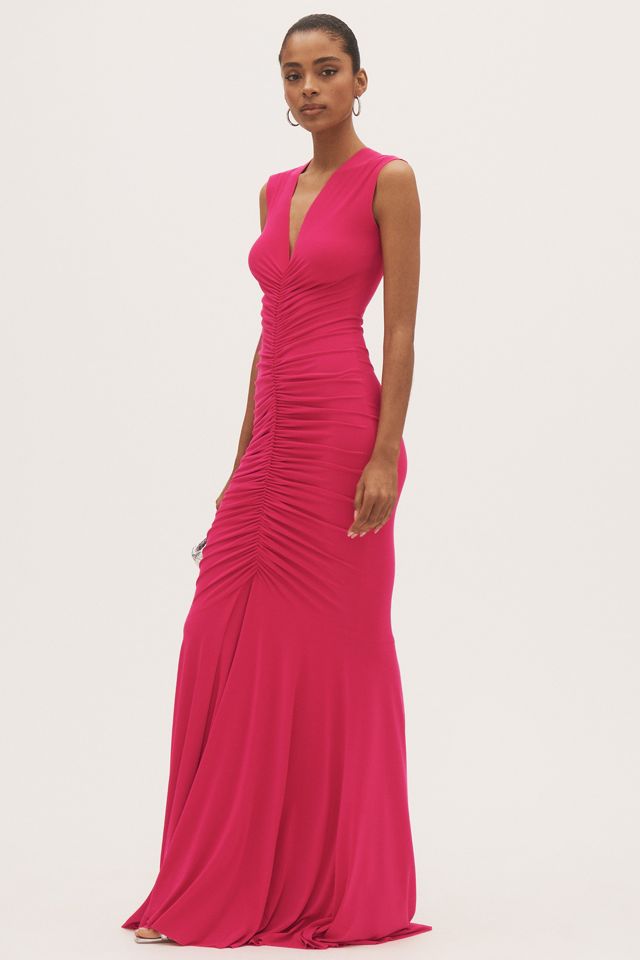 Norma Kamali Sleeveless Deep V-Neck Shirred Stretch Jersey Fishtail Gown #3