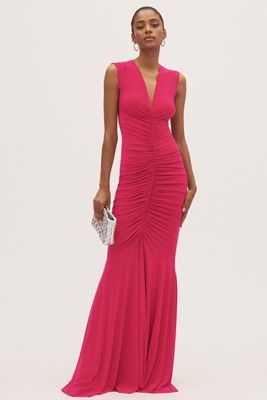 Norma Kamali Sleeveless Deep V-Neck Shirred Stretch Jersey Fishtail Gown