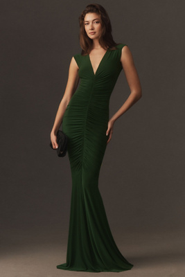 Norma Kamali Sleeveless Deep V-neck Shirred Stretch Jersey Fishtail Gown In Green