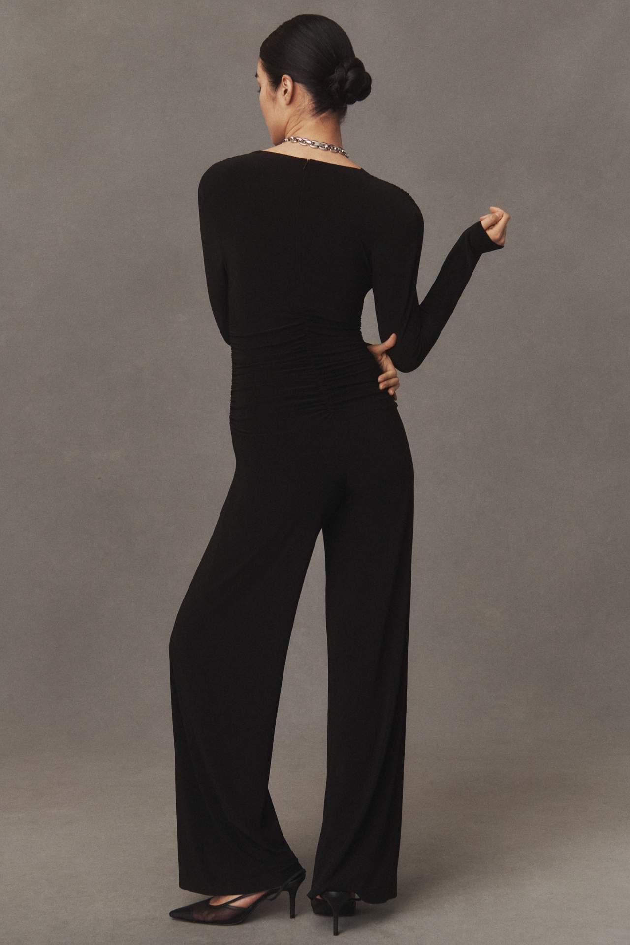 Norma Kamali Long-Sleeve V-Neck Shirred-Waist Jumpsuit