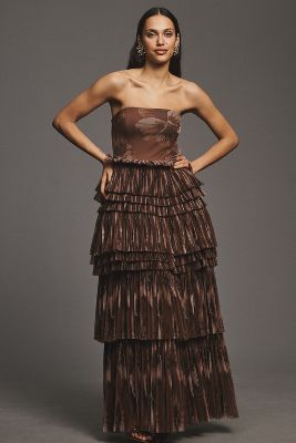 Hutch Nalina Strapless Tiered Tulle Maxi Dress In Brown