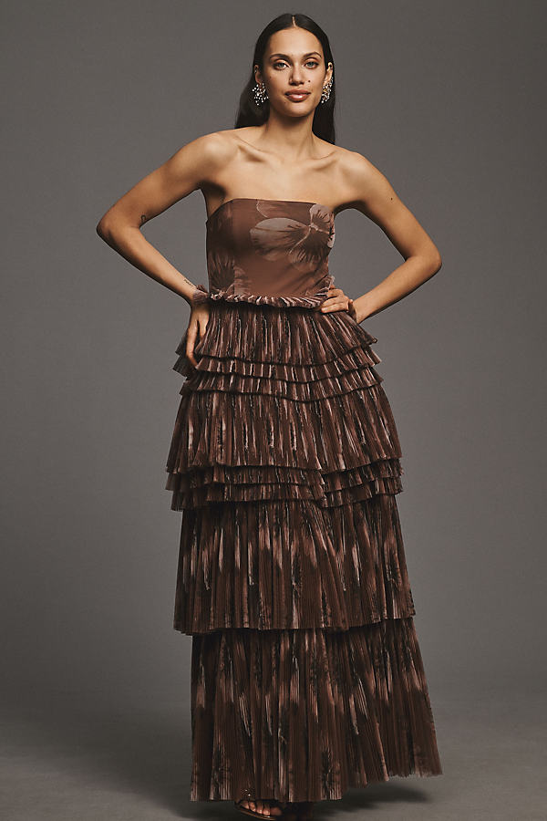 Hutch Nalina Strapless Tiered Tulle Maxi Dress In Brown