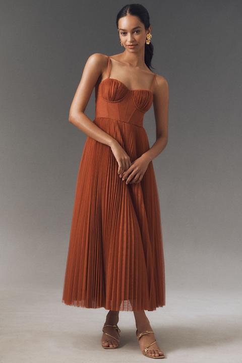 Hutch Amara Corset Pleated Tulle Fit & Flare Midi Dress