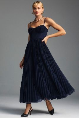 Hutch Amara Bustier Pleated Tulle Fit & Flare Midi Dress In Blue