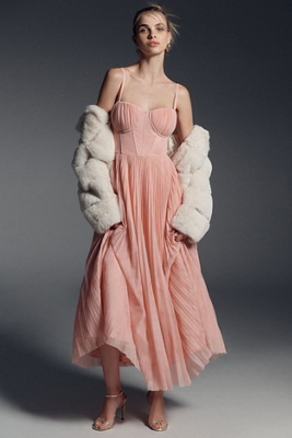 Amara Corset Pleated Tulle Fit & Flare Midi Dress