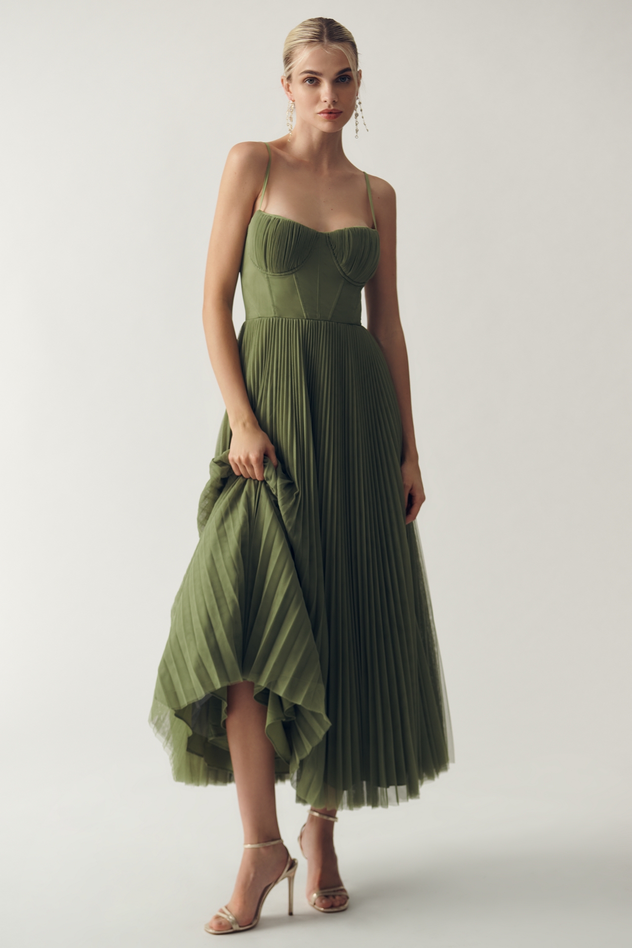 Hutch Amara Bustier Pleated Tulle Fit & Flare Midi Dress