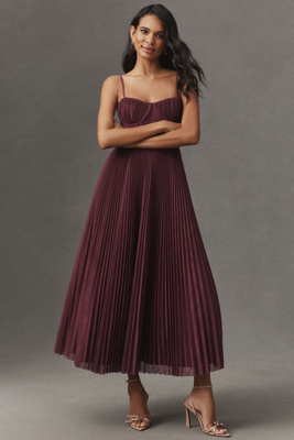 Hutch Amara Corset Pleated Tulle Fit & Flare Midi Dress In Red