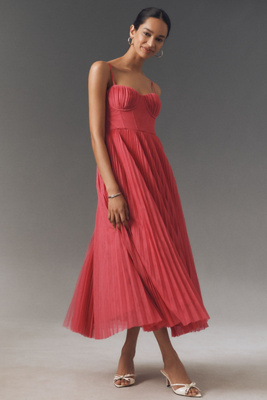 Hutch Amara Corset Pleated Tulle Fit & Flare Midi Dress In Red