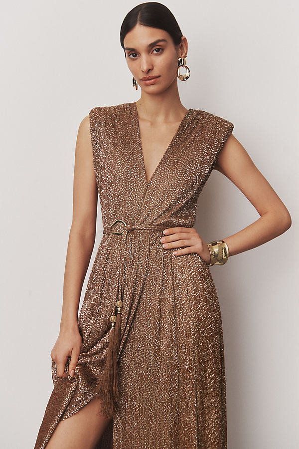 Shop Sabina Musayev Savory V-neck Front-slit Maxi Dress In Brown