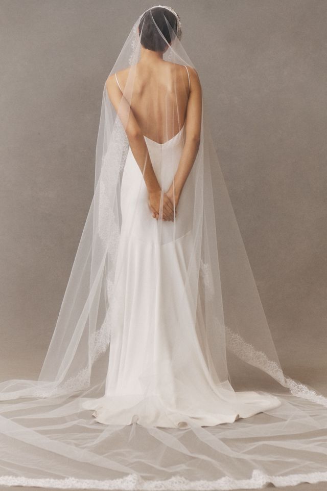Anthropologie Ivory Chantilly Veil with Lace Edge Amsale Chantilly Lace Cathedral Veil | Anthropologie main image 3