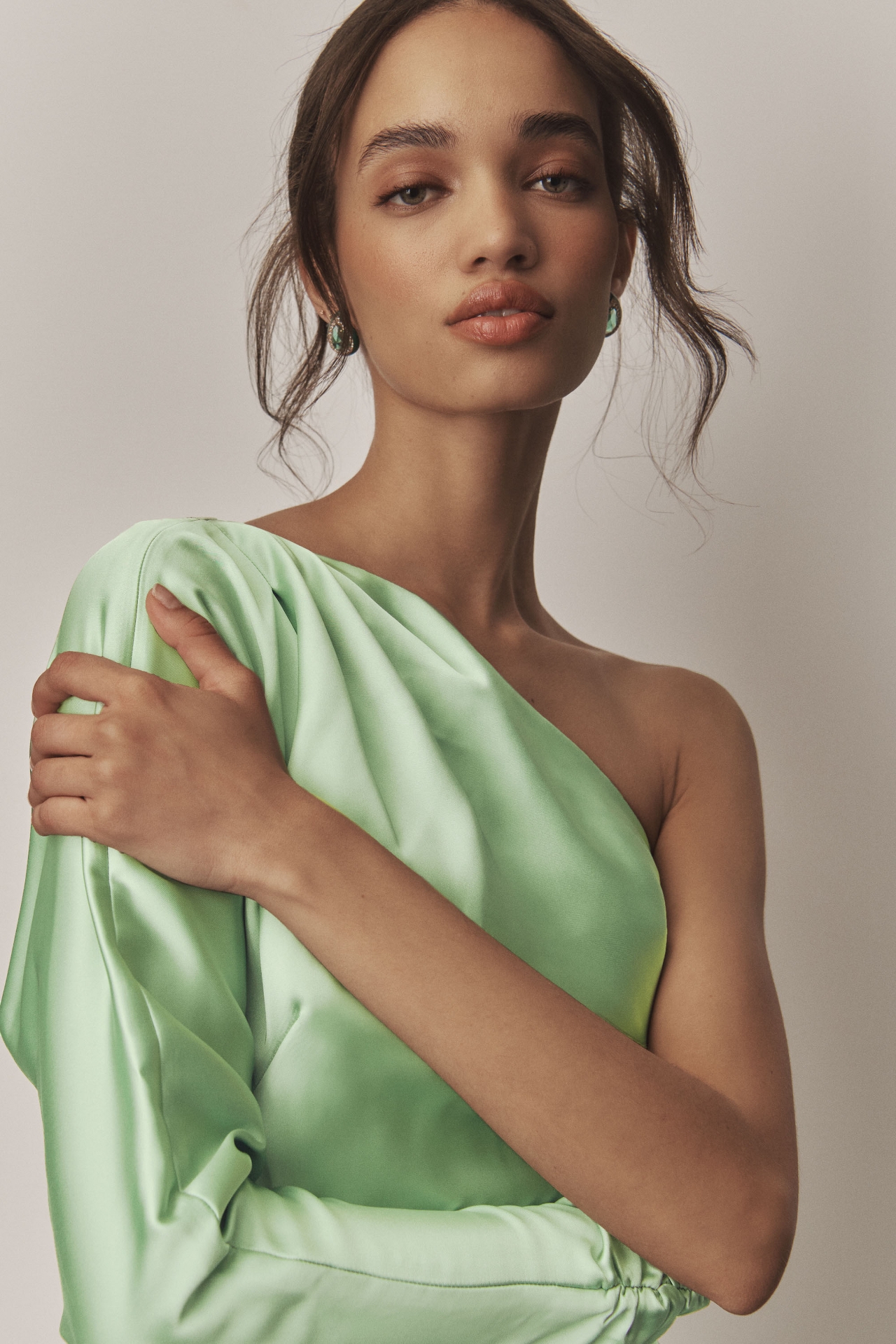 BHLDN Lucy Stretch Satin One-Shoulder Mini Dress