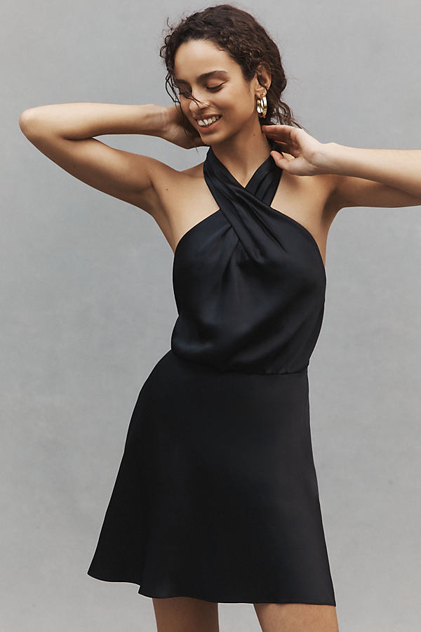Shop Bhldn Ruby Stretch Satin Halter Mini Dress In Black