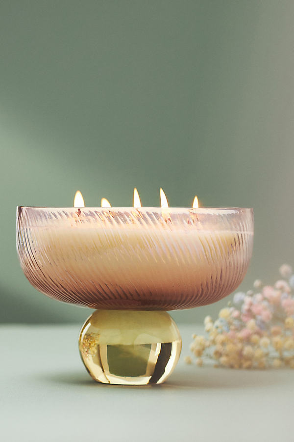 Anthropologie Pedestal Floral Peony Blush Glass Candle In Pink