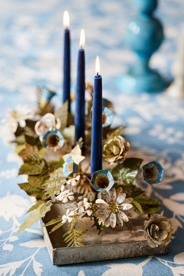 Blue Floral Iron Triple Taper Holder #2