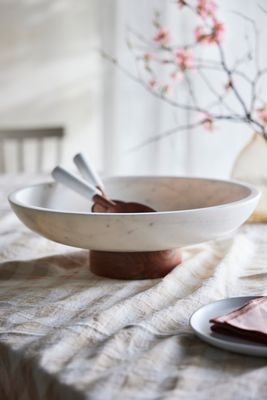 Marble + Acacia Pedestal Serving Bowl