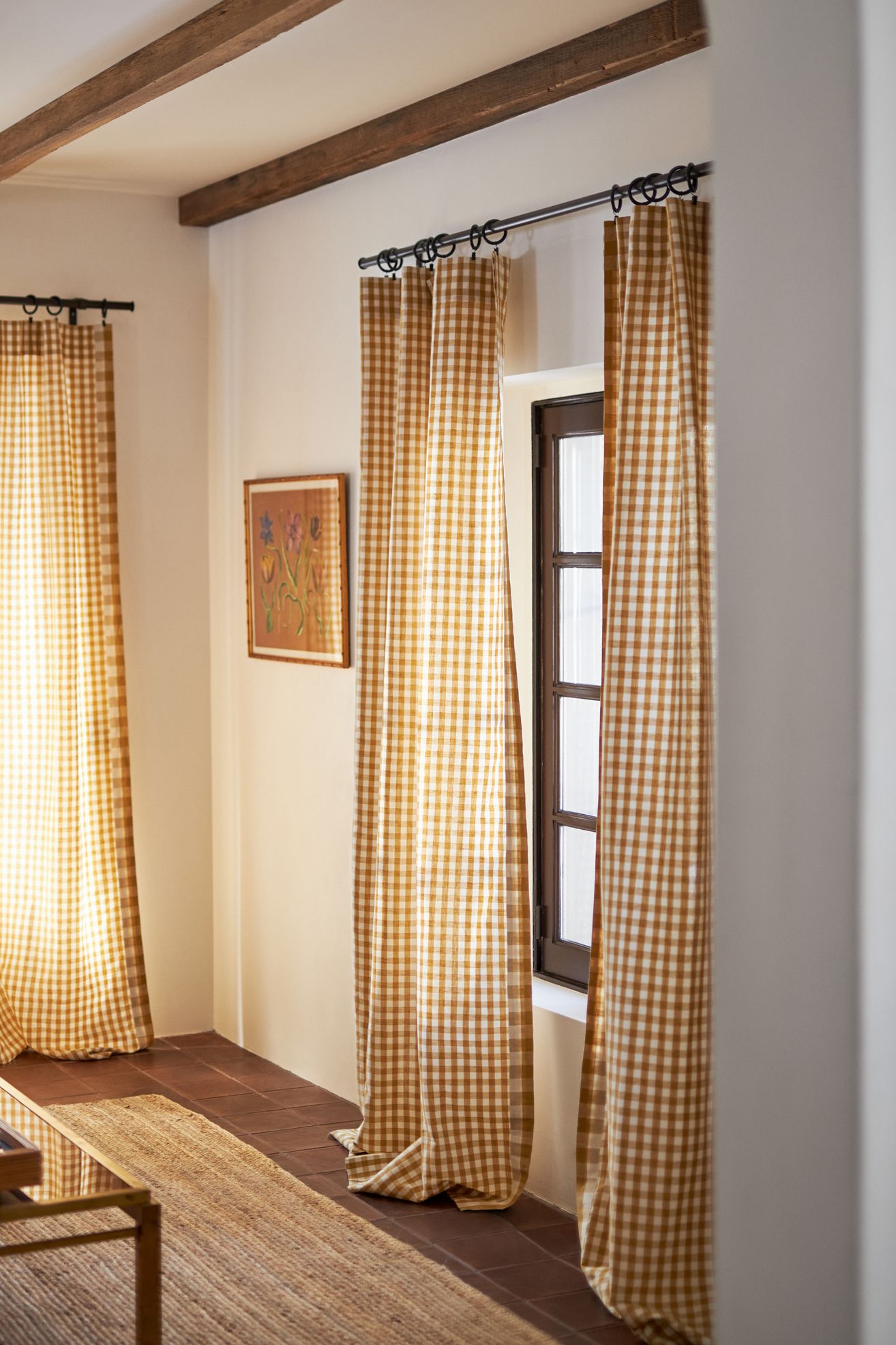 Cotton Linen Gingham Curtain - Honey, Standard, 84" X 50"