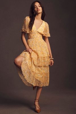 Bhldn Naomi Short-sleeve V-neck Midi Dress In Yellow