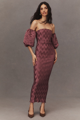 L'IDE Du Cap Off-The-Shoulder Puff-Sleeve Pleated Column Midi Dress |  Anthropologie