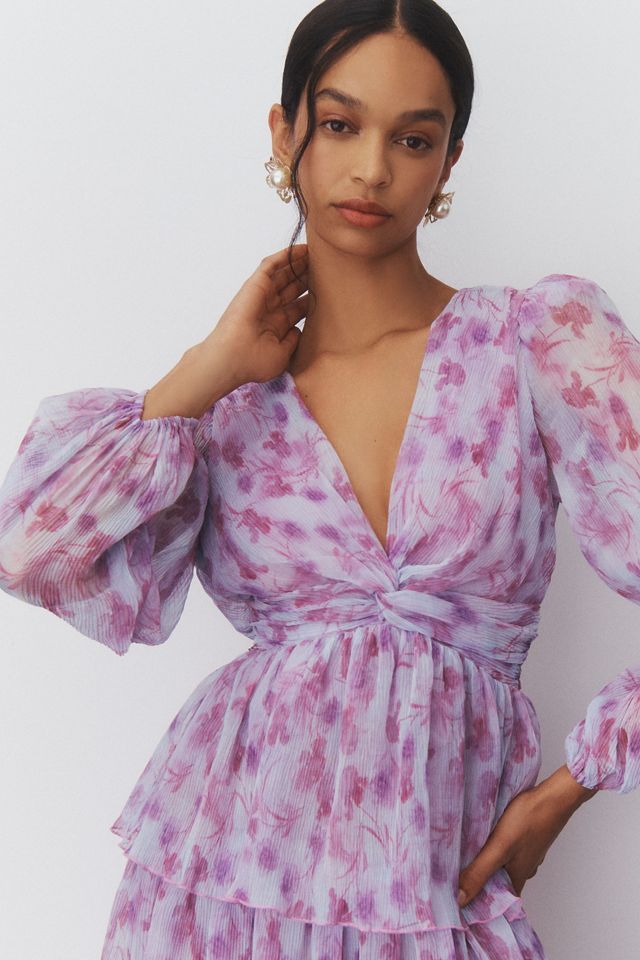 astr the label purple floral dress Astr the Label Floral Purple Midi Dress with Ruffled Sleeves Medium