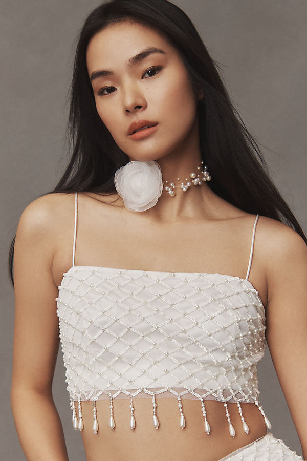 Bhldn Claudette Sleeveless Embellished Crop Top In White