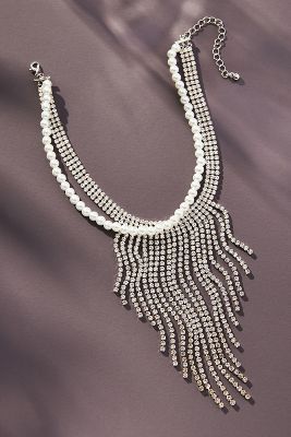 By Anthropologie Pearl & Crystal Fringe Necklace In White