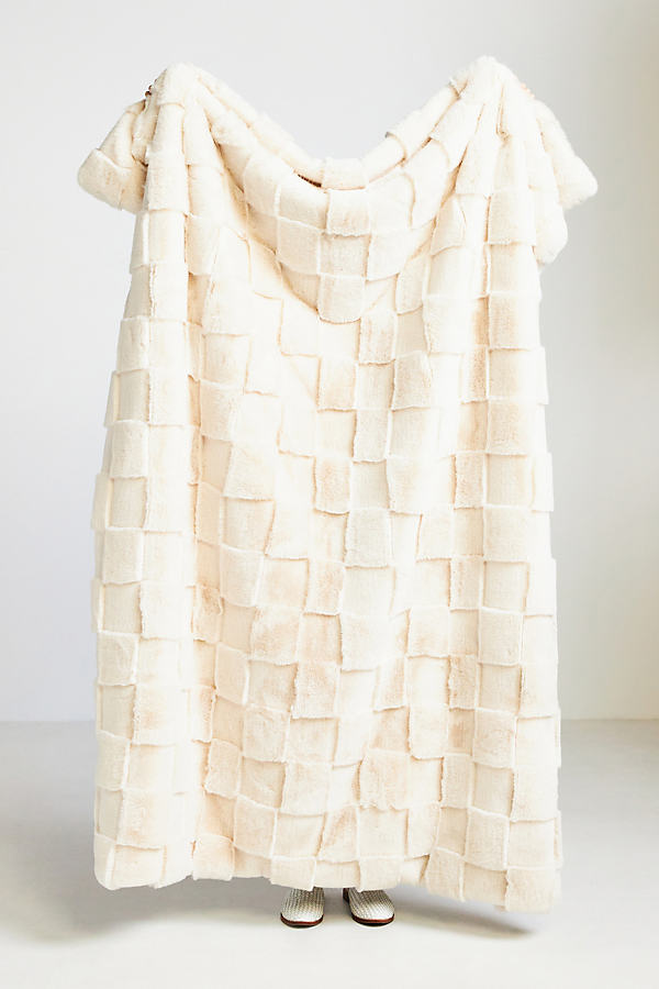 Anthropologie Carved Check Faux Fur Throw Blanket In White