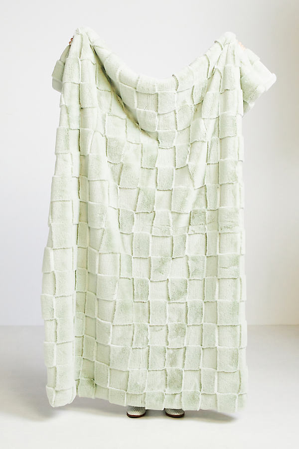 Anthropologie Carved Check Faux Fur Throw Blanket In Green