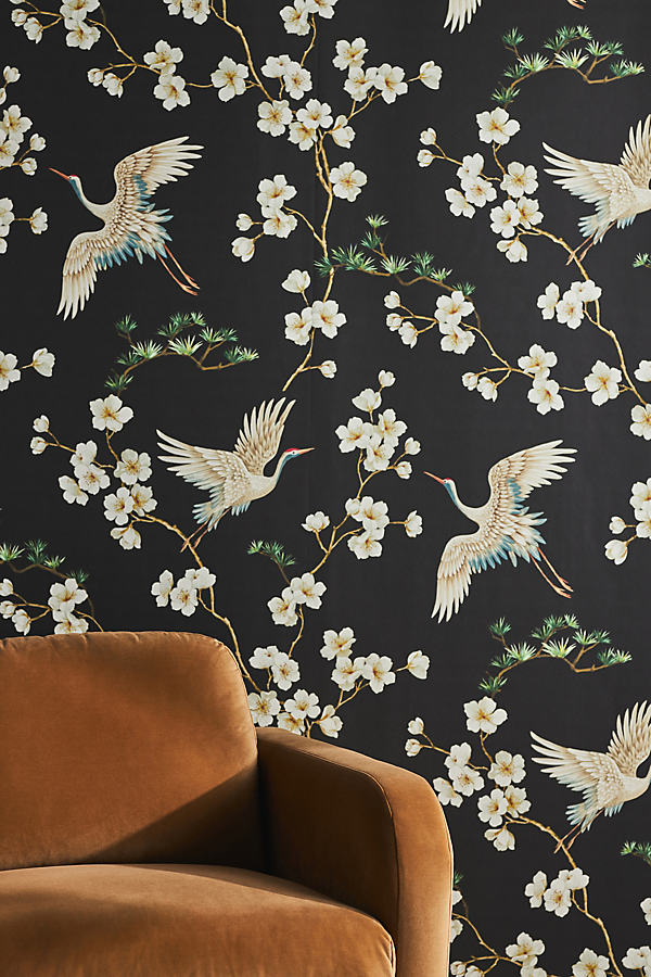 Anthropologie Blossom Bird Trail Unpasted Wallpaper In Black