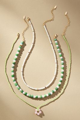Shop By Anthropologie Camp Icon Beaded Necklaces, Set Of 3 In Green