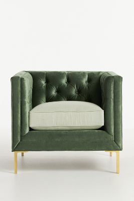 Anthropologie Velvet & Linen Mina Cushion Chair In Green