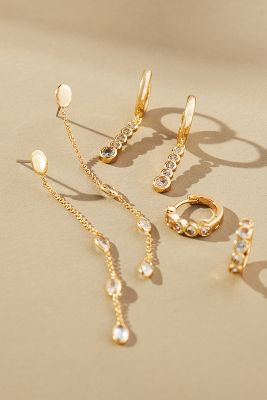 By Anthropologie Long Crystal Huggie Earrings, Set Of 3 In Gold
