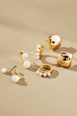 By Anthropologie Pearl Huggie Front-back Earrings, Set Of 3 In Gold